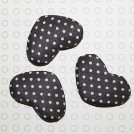 Тканинний кабошон темно-коричневого кольору Сердечко в горошок, 33х22х7 мм, 1 шт