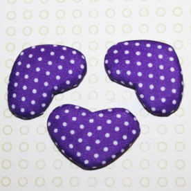 Тканинний кабошон фіолетового кольору Сердечко в горошок, 33х22х7 мм, 1 шт