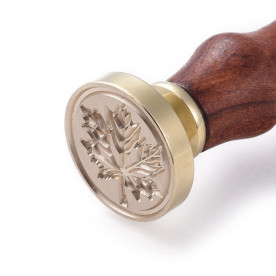 Печатка для сургучу з дерев'яною ручкою, Лист, латунь, золотий, 90 мм, 25x14,5 мм