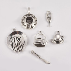 Набор подвесок, Бокал, Тарелка, Чашка, Столовые приборы, античное серебро, 6 шт, от 15 до 30 мм