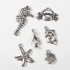 Набор подвесок, Краб, Рыбки, Морской конек, Морская звезда, античное серебро, 6 шт, от 15 до 35 мм
