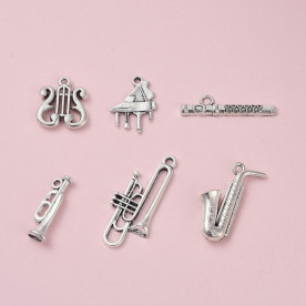 Набір підвісок, Саксофон, Флейта, Труба, Фортепіано, античне срібло, 6 шт