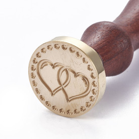 Печатка для сургучу з дерев'яною ручкою, Два серця, латунь, золотий, 9 см, 2,55x1,4 см