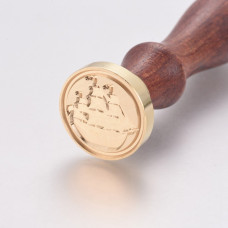 Печатка для сургучу з дерев'яною ручкою, Корабель, латунь, золотий, 90 мм, 25x14,5 мм