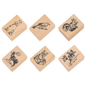 Набір дерев'яних штампів, Білка, Птах, Квіти, Заєць, Ведмідь, 6 шт, 40,5x30,5x24,5 мм