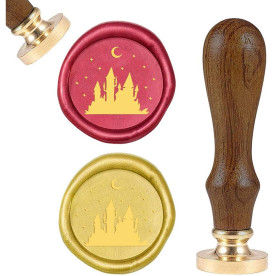 Печатка для сургучу з дерев'яною ручкою 9 см, Нічний замок, колір золотий, 2,55x1,45 см