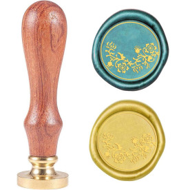 Печатка для сургучу з дерев'яною ручкою 9 см, Квітковий патерн, колір золотий, 2,55x1,45 см