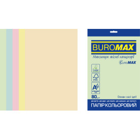 Набір кольорового паперу А4, 80г/м2, PASTEL EUROMAX, 5 кол., 20 арк., Buromax