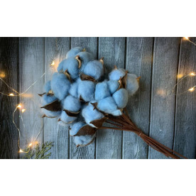 Ветка хлопка на гибкой основе, 5 головок, голубой