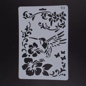 Пластиковый трафарет Цветочный узор с колибри, 25.5x17.4 см