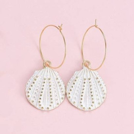 Сережки, Плоская ракушка, 1 пара, белый, 2,5х3 см