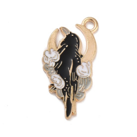 Підвіска з емаллю Чорна ворона на місяці, світле золото, 28х15 мм