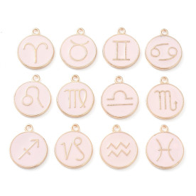 Набор подвесок с эмалью, Плоский круг с созвездием, 12 шт, розовый, 22х18x2 мм