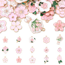 Набор подвесок с эмалью Розовые цветы, светлое золото, 15 штук, 11-25 мм