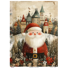 Декупажная карта Санта Клаус на фоне домиков, #0865, 29,7x42см, Фабрика Декору