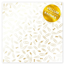 Лист кальки (веллум) с фольгированием Golden Drawing pins and paperclips 30,5х30,5 см, Фабрика Декора