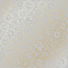 Аркуш однобічного паперу з фольгуванням Golden Clocks Grey 30,5х30,5 см, Фабрика Декору