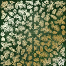 Лист односторонней бумаги с фольгированием Golden Pine cones Dark green aquarelle 30,5х30,5 см, Фабрика Декора