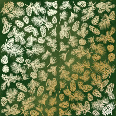 Лист односторонней бумаги с фольгированием Golden Pine cones Green aquarelle 30,5х30,5 см, Фабрика Декора