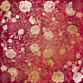 Лист односторонней бумаги с фольгированием Golden Peony Passion Burgundy aquarelle 30,5х30,5 см, Фабрика Декора