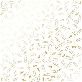 Лист одностороннього паперу з фольгуванням Golden Drawing pins and paperclips, color White 30,5х30,5 см, Фабрика Декору