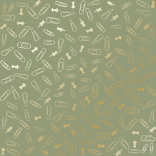 Лист односторонней бумаги с фольгированием Golden Drawing pins and paperclips, color Olive 30,5х30,5 см, Фабрика Декора