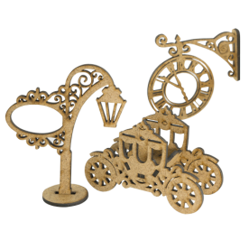 Фигурки 3d для украшения кукольных домиков и шедоубоксов карета, часы, фонарный столб, набор #58, Фабрика Декора
