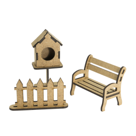 Фигурки 3d для украшения кукольных домиков и шедоубоксов забор, лавочка, скворечник, набор #61, Фабрика Декора