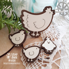Деревянная фишка, Семья курочек, 47х41 мм, Scrapbox