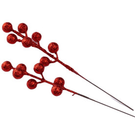 Гілочка декоративна в глітері з ягідками, 18 см, колір червоний, 1 од.
