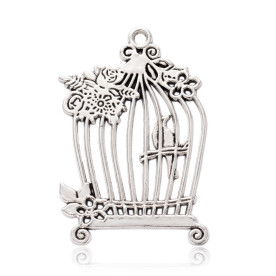 Підвіска, Птах у клітці з квітами, 1 шт, срібло, 60x40x2 мм