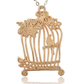 Подвеска, Птица в клетке с цветами, 1 шт, золото, 60x40x2 мм