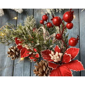 Новогодняя бутоньерка Бело-красная пуансетия, 27 см