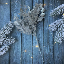 Ветка в глиттере, Листики, серебро, 26 см