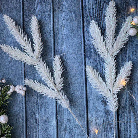 Ветка хвои литая в глиттере, искусственная, Ель молочно-белая, 30 см