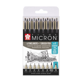 Набір лінерів Pigma Micron, 6шт, 1 лінер-пензель Pigma Brush, Pigma Micron pn, Sakura