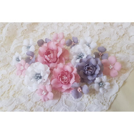 Набор декоративных тканевых цветов, розовый с серым, 2,5 см - 4,5 см, 18шт