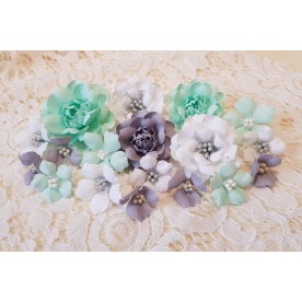 Набір декоративних тканинних квітів, у м'ятно-сірих тонах, 2,5 см - 4,5 см, 18 од.