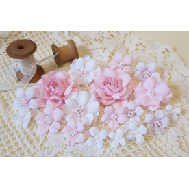 Набір декоративних тканинних квітів, ніжно-рожевий з білим, 1,5 см - 4,5 см, 18 од.