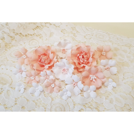 Набір декоративних тканинних квітів, персиково-білий, 1,5 см - 4,5 см, 18 од.