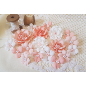 Набір декоративних тканинних квітів, персиково-білий, 1,5 см - 4,5 см, 18 од.