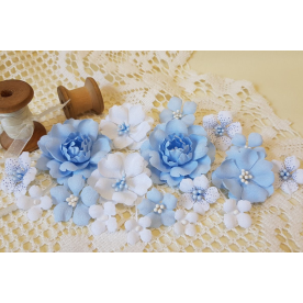 Набір декоративних тканинних квітів, блакитний з білим, 1,5 см - 4,5 см, 18 од,