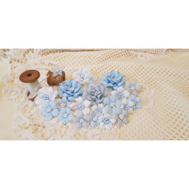 Набір декоративних тканинних квітів, блакитно-сірий, 1,5 см - 4,5 см, 18 од.