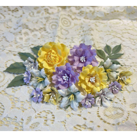 Набор декоративных тканевых цветов, ярко желто-сиреневый, 15 шт.