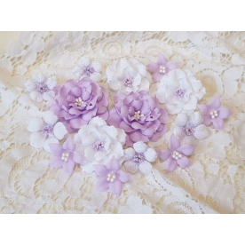 Набор декоративных тканевых цветов, бело-сиреневый, 15 шт.