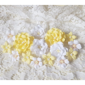 Набор декоративных тканевых цветов, ярко желто-белый, 15 шт., 2.5-4.5 см