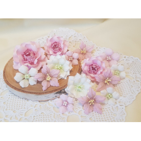 Набір декоративних тканинних квітів, цвет рожево-молочний, 15 шт.