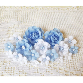 Набір декоративних тканинних квітів, біло-блакитний, 18 шт.