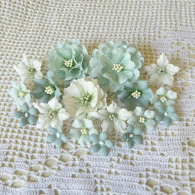 Набір декоративних тканинних квітів, молочно-мятний, 18 шт., 2-5 см