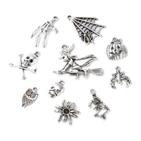 Набір підвісок Хелоуін, скелети та сови, античне срібло, 10 шт